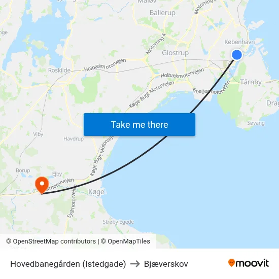 Hovedbanegården (Istedgade) to Bjæverskov map