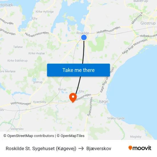 Roskilde St. Sygehuset (Køgevej) to Bjæverskov map