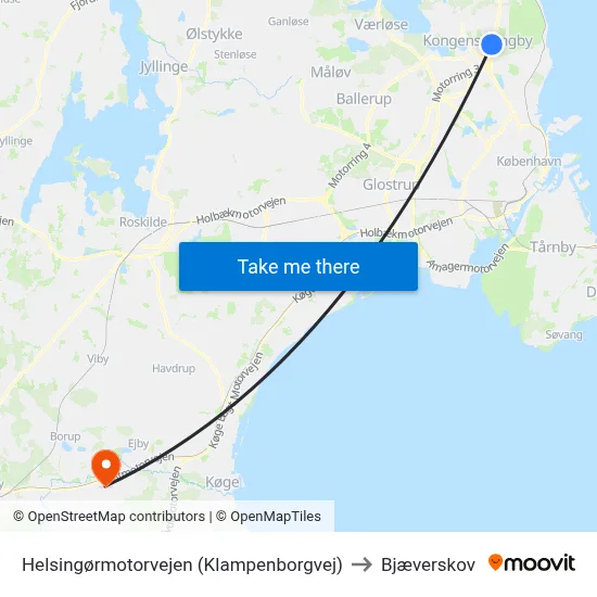 Helsingørmotorvejen (Klampenborgvej) to Bjæverskov map