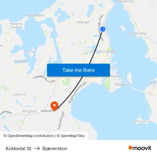 Kokkedal St. to Bjæverskov map