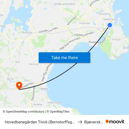 Hovedbanegården Tivoli (Bernstorffsgade) to Bjæverskov map