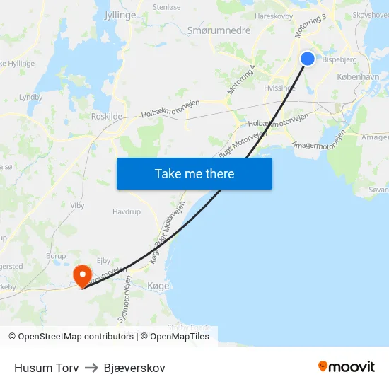 Husum Torv to Bjæverskov map