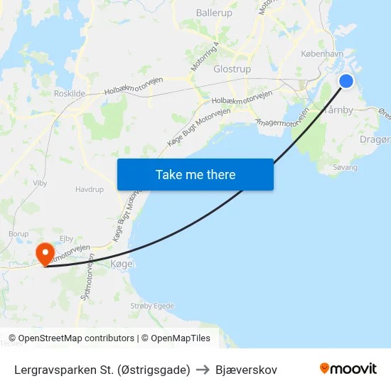 Lergravsparken St. (Østrigsgade) to Bjæverskov map