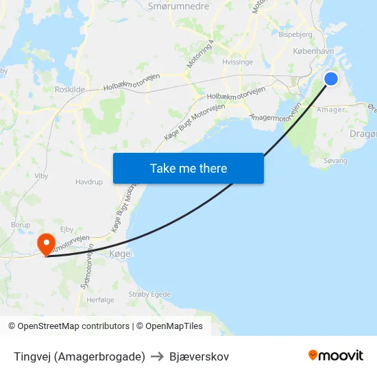Tingvej (Amagerbrogade) to Bjæverskov map