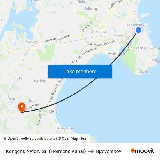 Kongens Nytorv St. (Holmens Kanal) to Bjæverskov map