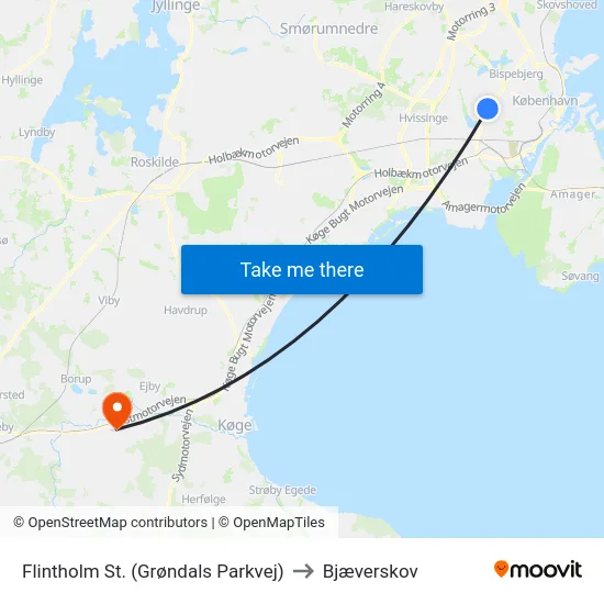 Flintholm St. (Grøndals Parkvej) to Bjæverskov map