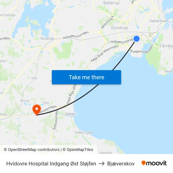 Hvidovre Hospital Indgang Øst Sløjfen to Bjæverskov map