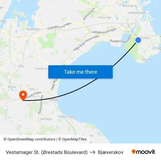 Vestamager St. (Ørestads Boulevard) to Bjæverskov map