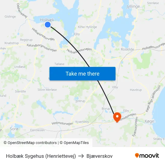 Holbæk Sygehus (Henriettevej) to Bjæverskov map