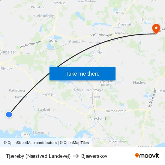 Tjæreby (Næstved Landevej) to Bjæverskov map