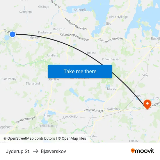 Jyderup St. to Bjæverskov map