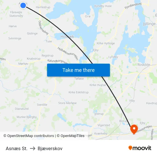 Asnæs St. to Bjæverskov map