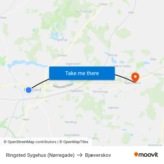 Ringsted Sygehus (Nørregade) to Bjæverskov map