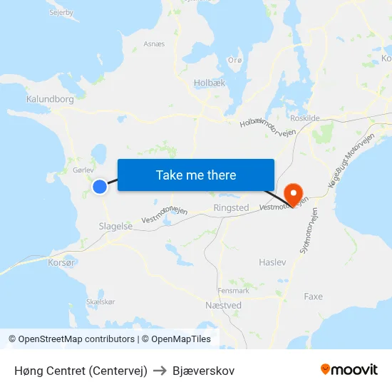 Høng Centret (Centervej) to Bjæverskov map