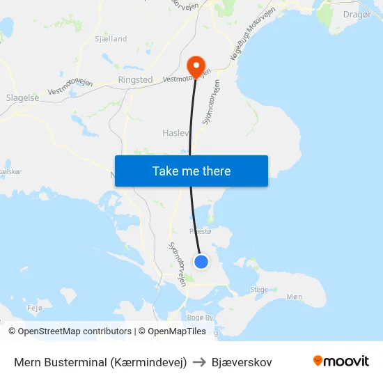 Mern Busterminal (Kærmindevej) to Bjæverskov map