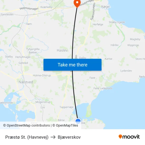 Præstø St. (Havnevej) to Bjæverskov map