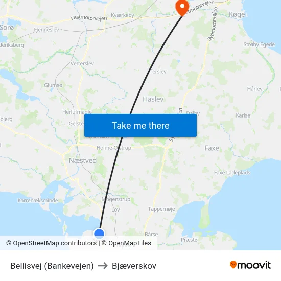 Bellisvej (Bankevejen) to Bjæverskov map
