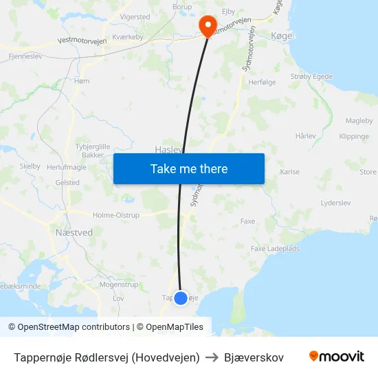 Tappernøje Rødlersvej (Hovedvejen) to Bjæverskov map