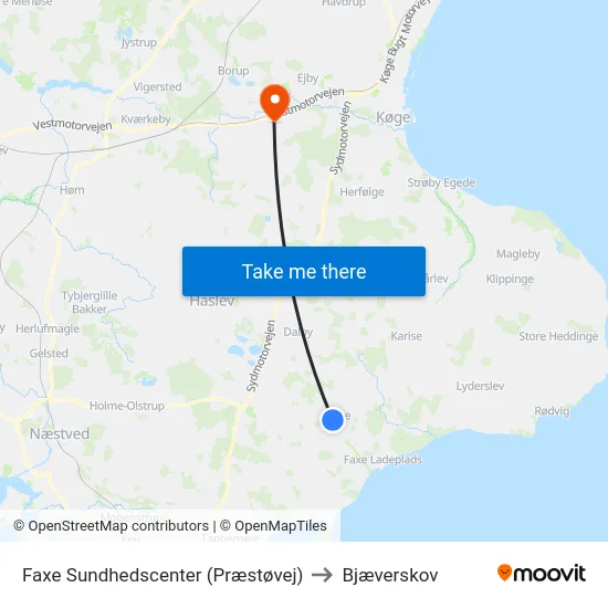 Faxe Sundhedscenter (Præstøvej) to Bjæverskov map