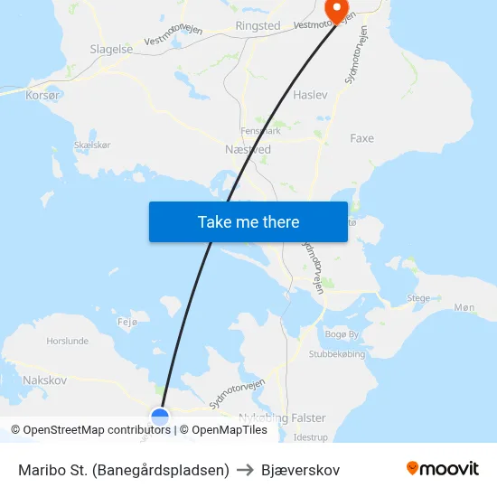 Maribo St. (Banegårdspladsen) to Bjæverskov map