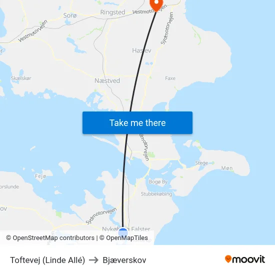 Toftevej (Linde Allé) to Bjæverskov map