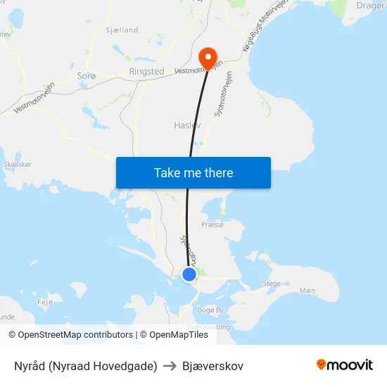 Nyråd (Nyraad Hovedgade) to Bjæverskov map