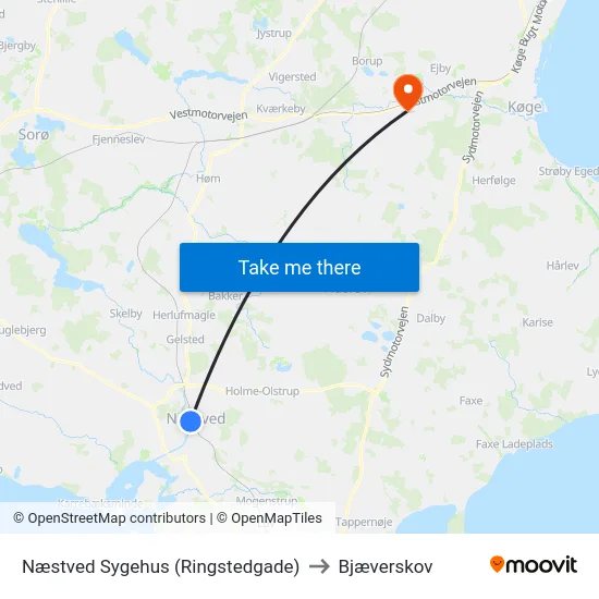 Næstved Sygehus (Ringstedgade) to Bjæverskov map