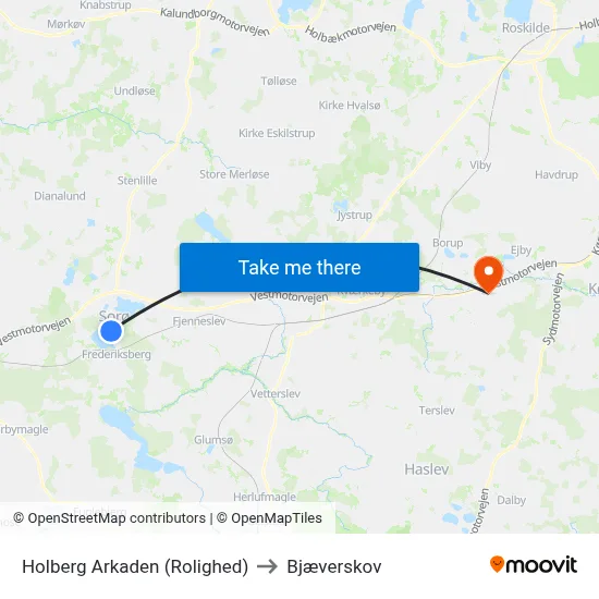 Holberg Arkaden (Rolighed) to Bjæverskov map