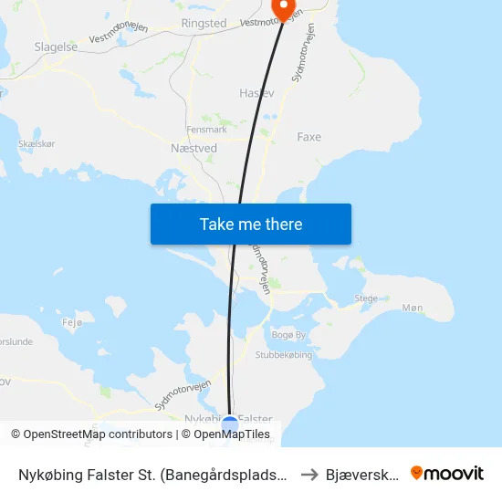 Nykøbing Falster St. (Banegårdspladsen) to Bjæverskov map