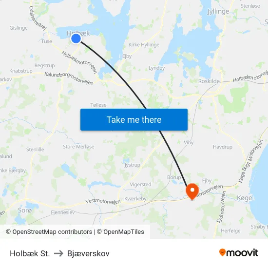 Holbæk St. to Bjæverskov map