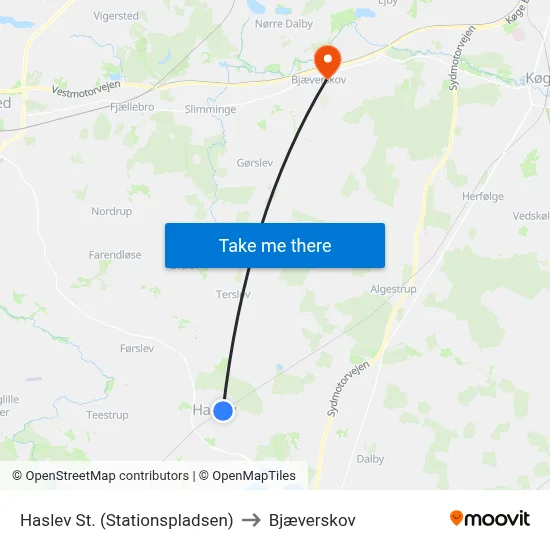 Haslev St. (Stationspladsen) to Bjæverskov map