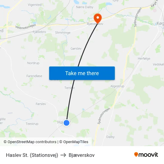 Haslev St. (Stationsvej) to Bjæverskov map