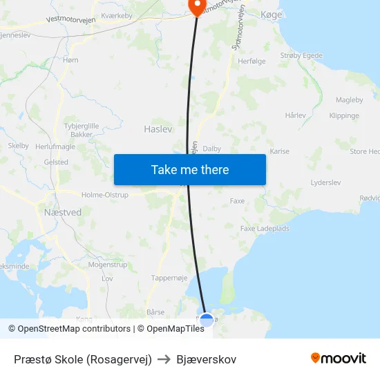 Præstø Skole (Rosagervej) to Bjæverskov map