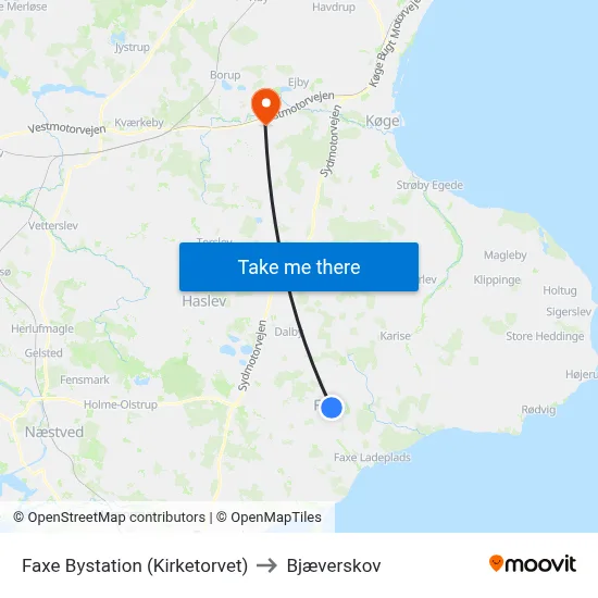 Faxe Bystation (Kirketorvet) to Bjæverskov map