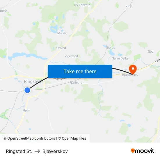 Ringsted St. to Bjæverskov map