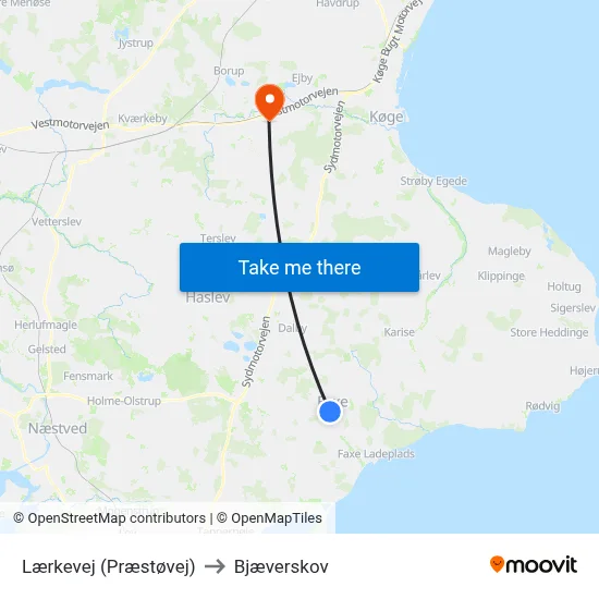 Lærkevej (Præstøvej) to Bjæverskov map