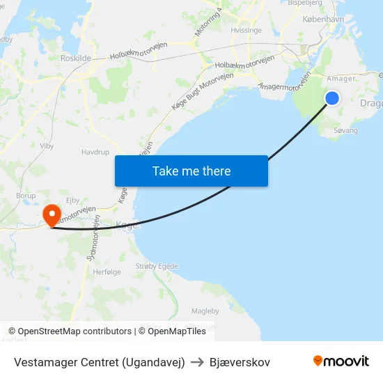 Vestamager Centret (Ugandavej) to Bjæverskov map