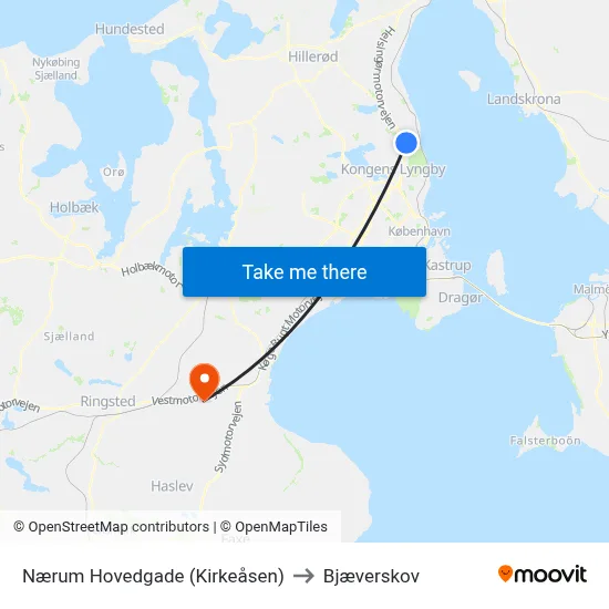 Nærum Hovedgade (Kirkeåsen) to Bjæverskov map