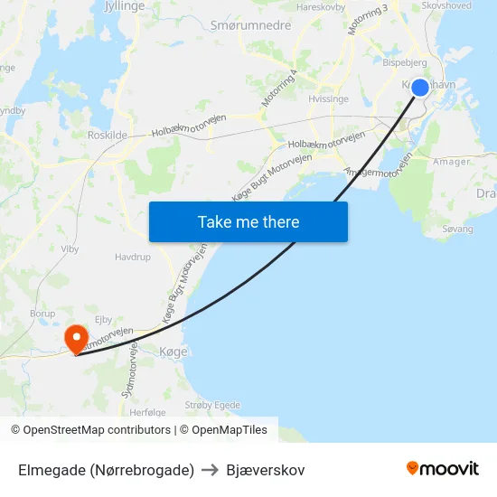 Elmegade (Nørrebrogade) to Bjæverskov map