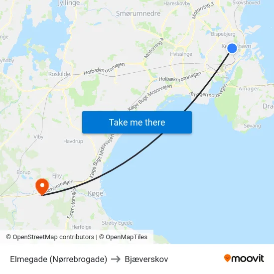 Elmegade (Nørrebrogade) to Bjæverskov map