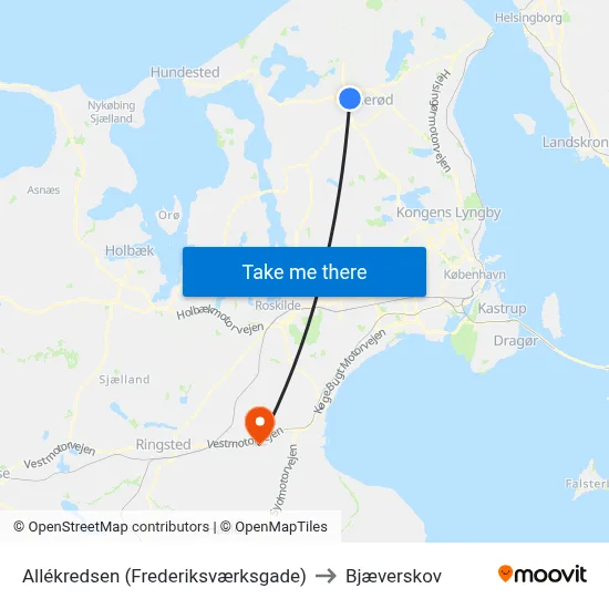 Allékredsen (Frederiksværksgade) to Bjæverskov map