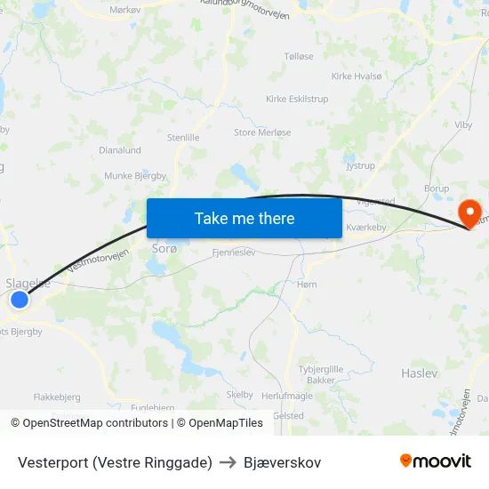 Vesterport (Vestre Ringgade) to Bjæverskov map