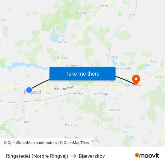 Ringstedet (Nordre Ringvej) to Bjæverskov map