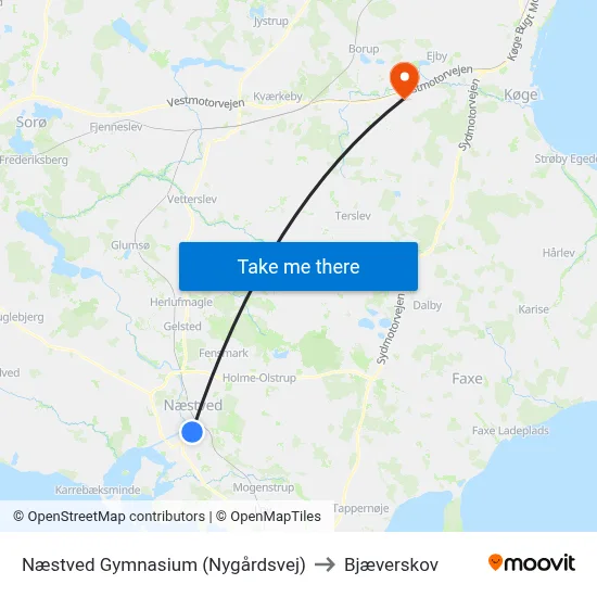 Næstved Gymnasium (Nygårdsvej) to Bjæverskov map