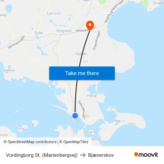Vordingborg St. (Marienbergvej) to Bjæverskov map