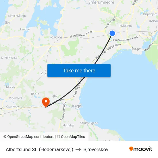 Albertslund St. (Hedemarksvej) to Bjæverskov map