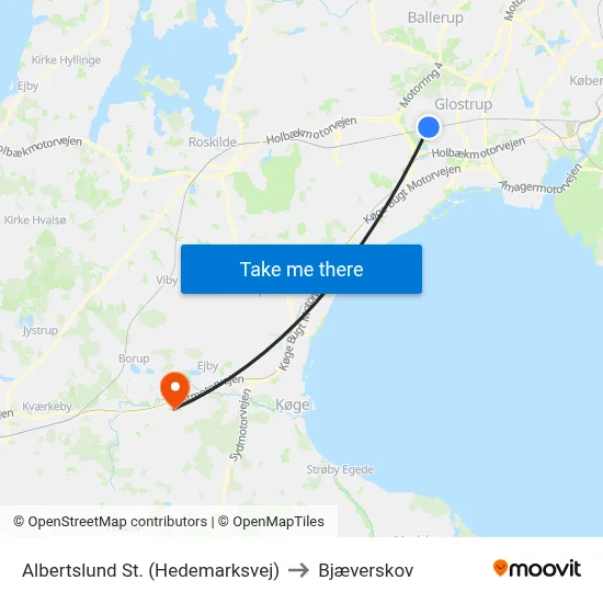 Albertslund St. (Hedemarksvej) to Bjæverskov map