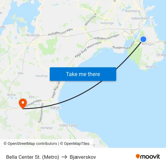 Bella Center St. (Metro) to Bjæverskov map