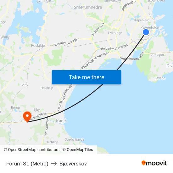 Forum St. (Metro) to Bjæverskov map