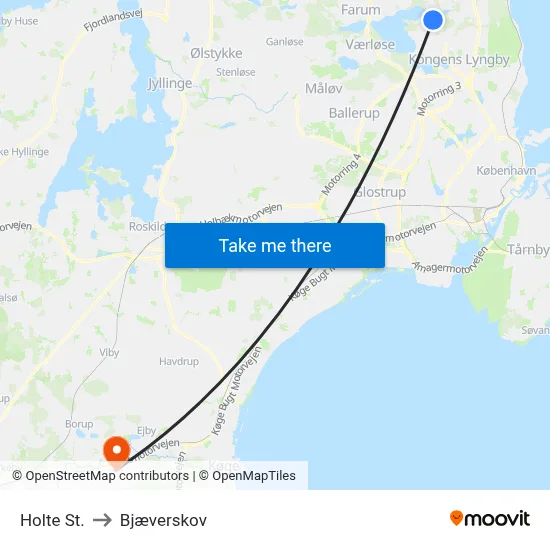 Holte St. to Bjæverskov map